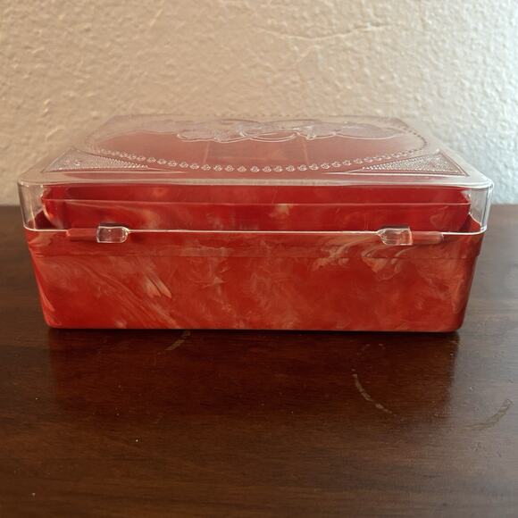 Vintage Hommer Red Pink Marbled Plastic Kittens Cats Hinged Jewelry/Sewing Box - Picture 8 of 11